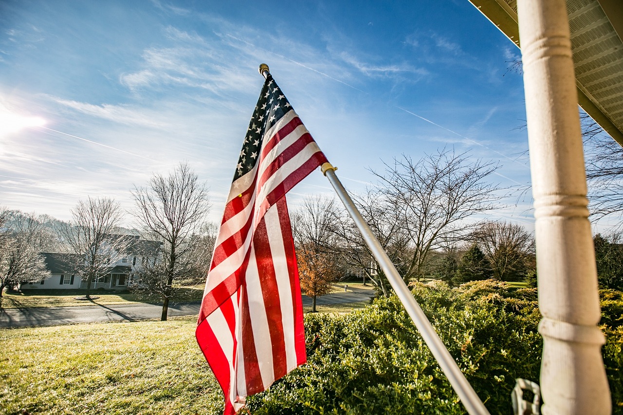 American flag in a neighborhood